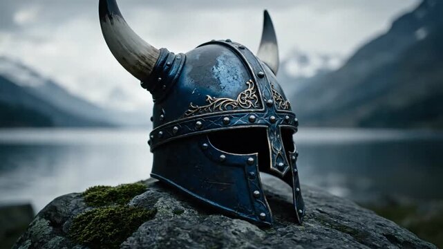 Viking Helmet on Stone: Epic Mountain Lake Landscape