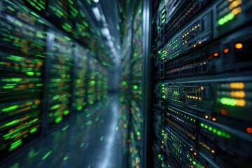Inside a long data center, rows of servers glow with colorful lights, depth of field