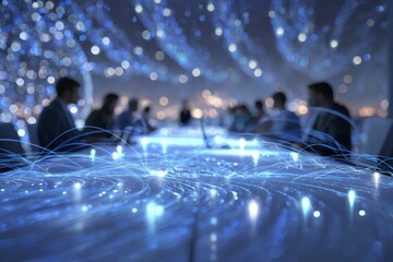 Blurred vision of a meeting in a modern conference room. Glowing dots and lines enhance image