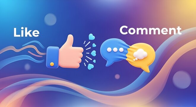 Like and comment social media icons with hearts and speech bubbles on a colorful background design