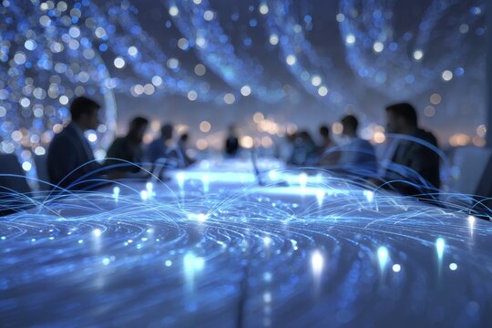 Blurred vision of a meeting in a modern conference room. Glowing dots and lines enhance image