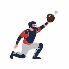 Flat Style Detailed Baseball Catcher Receiving Ball Sport Character Illustration