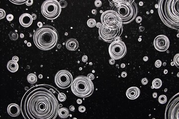 Abstract black and white image featuring a multitude of spiral circle shapes scattered on a dark background