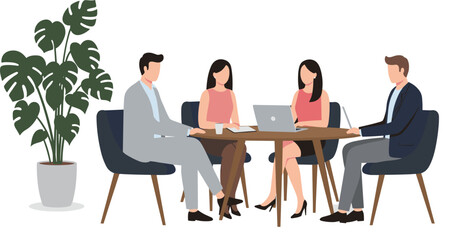 Business meeting illustration, office teamwork, professionals at table, corporate discussion, workplace collaboration, modern business attire, teamwork concept, office lifestyle, career design
