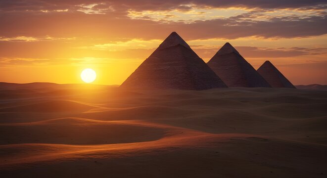 Ancient Egyptian pyramids in desert landscape under colorful sunset sky - Powered by Adobe