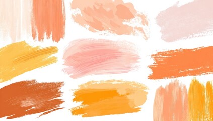 A collection of vibrant, hand-painted brush strokes in warm, peachy, and orange hues against a white background.