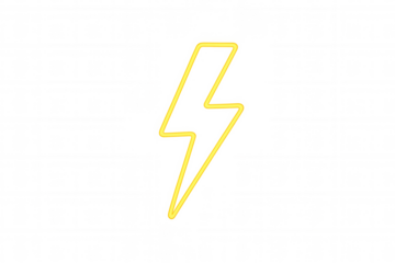 Yellow neon lightning bolt symbol glowing, representing electric energy, speed, power, digital weather, and charging icon