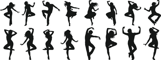 Dance silhouette illustration, diverse people in dynamic poses, contemporary movement, artistic expression, modern lifestyle, energetic performance vector design