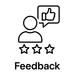 Customer assessment icon Person with thumbs up in speech bubble and three stars below them in black outline