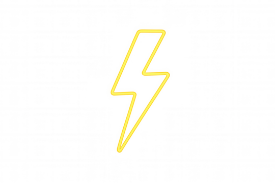 Yellow neon lightning bolt symbol glowing, representing electric energy, speed, power, digital weather, and charging icon