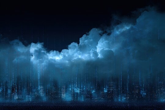 A cityscape blends with digital rain and ethereal cloud formations. Data streams cascade down - Powered by Adobe