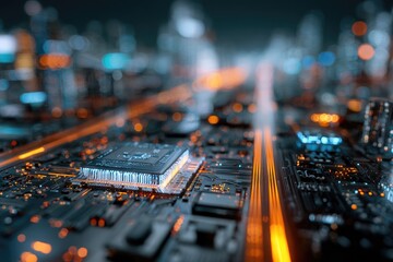 A close-up view of a computer's circuit board with the cityscape blurred in the background