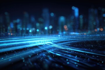 A futuristic cityscape bathed in blue light with streaks representing data flow or energy