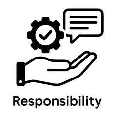 Customer assessment icon vector Hand holding gear with check mark and speech bubble representing responsibility