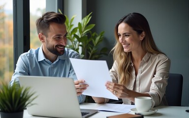 Obraz premium Male executive manager explaining corporate online project plan to female partner sitting at office desk. Two happy busy professionals business team people working together using laptop computer.
