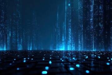 Futuristic blue digital landscape with illuminated pillars and grid floor, suggesting complex systems