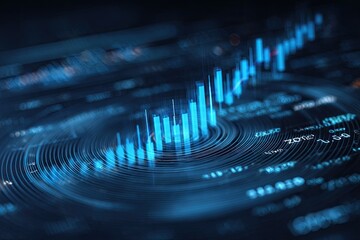 Abstract digital representation of financial data with an upward trending bar graph
