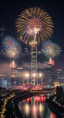 Fototapeta premium Spectacular fireworks light up a modern city skyline at night, showcasing towering skyscrapers, a scenic river, and vibrant reflections.