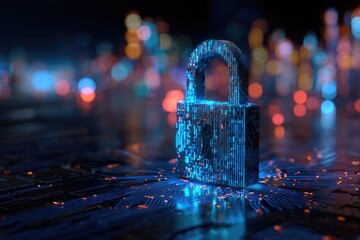 Glowing digital padlock on a circuit board, with blurred lights in the background