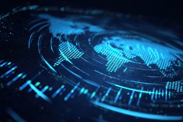 A digital depiction of the world map, surrounded by concentric glowing circles and lines, abstract