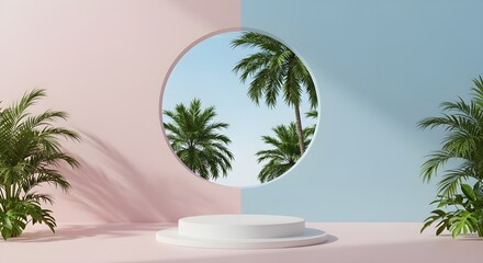 Obraz premium Tropical pink and blue interior with palm leaves and round window design