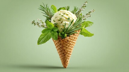   An ice cream cone on a green background with green leaves and flowers, against a lighter shade of green