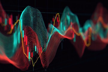 Abstract depiction of financial market trends, showcasing candlestick charts and layered wavy lines