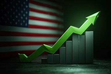 Upward-trending graph over US flag background. Concept of financial growth in a dark setting