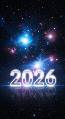 Naklejka premium Year 2026 glowing silver numbers with reflection against a deep space starry background and colorful nebulae.