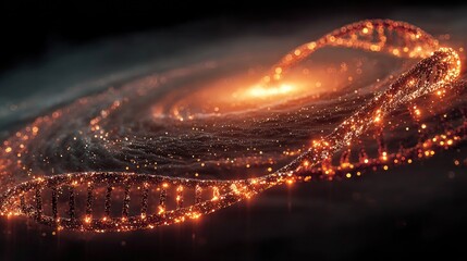 Digital artwork of a DNA strand illuminated in fiery orange, merging with a galactic swirl to represent the concept of astrobiology and life beyond Earth.