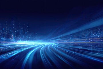 Abstract illustration with glowing blue lines, suggesting speed, energy, and data flow
