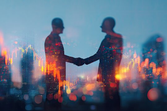Silhouetted figures shaking hands, overlaid with financial charts and city lights at dusk - Powered by Adobe