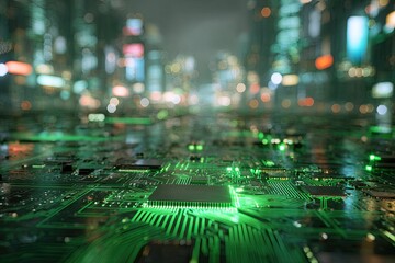Futuristic cityscape blurred in background, electronic circuit board in green, glowing