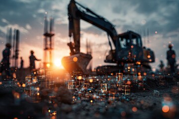 Construction site scene with an excavator silhouetted against the sunset, workers
