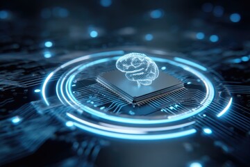 A glowing digital brain sits atop a computer chip, surrounded by bright, blue circuits, bokeh background