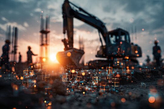 Construction site scene with an excavator silhouetted against the sunset, workers