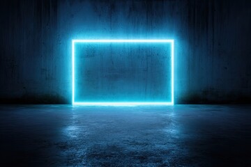 Glowing blue neon rectangle on a concrete wall, dark room, illuminated ground