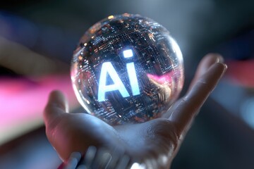 A glowing sphere of complex circuits, labeled "AI," is held gently in a human hand