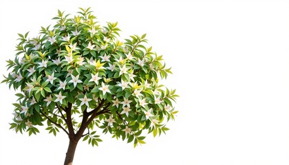 Obraz premium A beautiful blossoming tree with white flowers and lush green leaves. The tree's branches are full of life, creating a vibrant scene