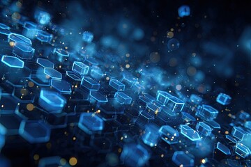 Abstract digital visualization of hexagonal shapes glowing in shades of blue, with bokeh effect