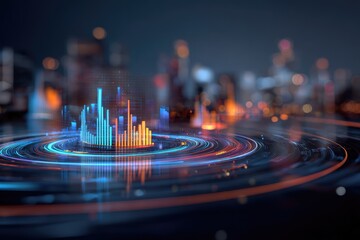 Futuristic abstract scene with data visualization over blurred city lights