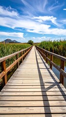 Obraz premium Wooden boardwalk path through wetland