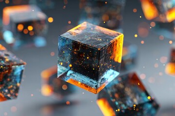 Abstract composition of glowing, translucent cubes floating in mid-air. Focus on texture and light