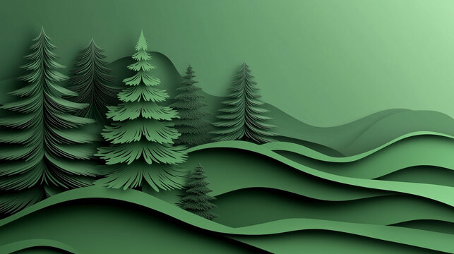 
Stylized paper cut Christmas trees in eco green tones, minimalist layered composition, holiday background with copy space.