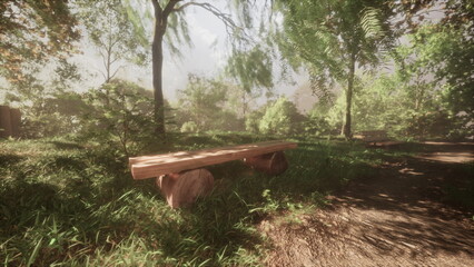 A serene park scene features wooden benches nestled among vibrant greenery. Soft sunlight filters through the trees, creating a tranquil haven for relaxation and contemplation.