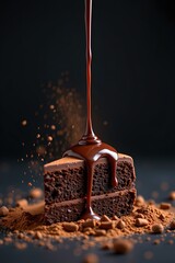 Obraz premium A slice of delectable chocolate cake being drizzled with rich, melted chocolate. The cake is moist and delicious, and the chocolate adds a touch of elegance
