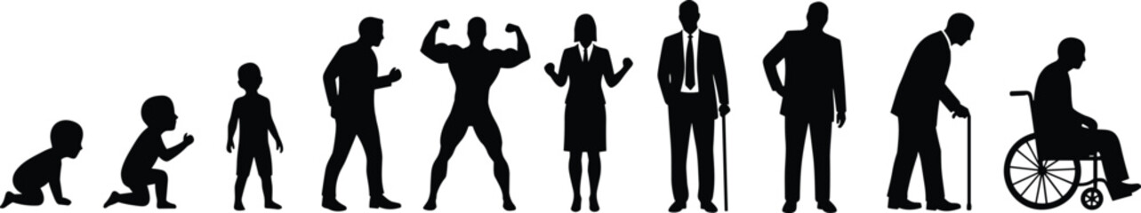 Human life stages from crawling baby to elderly wheelchair-bound individual, representing the complete human development process, growth, aging, and physical change in silhouette illustrations