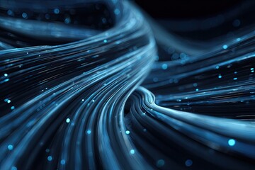 Abstract digital illustration of flowing lines, illuminated by scattered glowing blue particles