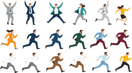 Cartoon business people, running office workers, celebrating employees, teamwork illustration, corporate motivation, workplace competition, career 