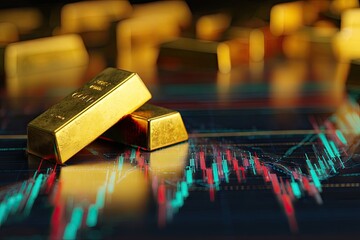 Close-up shot of two gold bars placed on a blurred background of a financial graph with gold